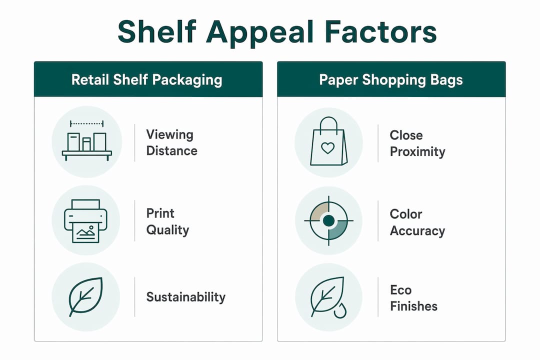 Infographic comparing shelf appeal factors of packaging and paper bags