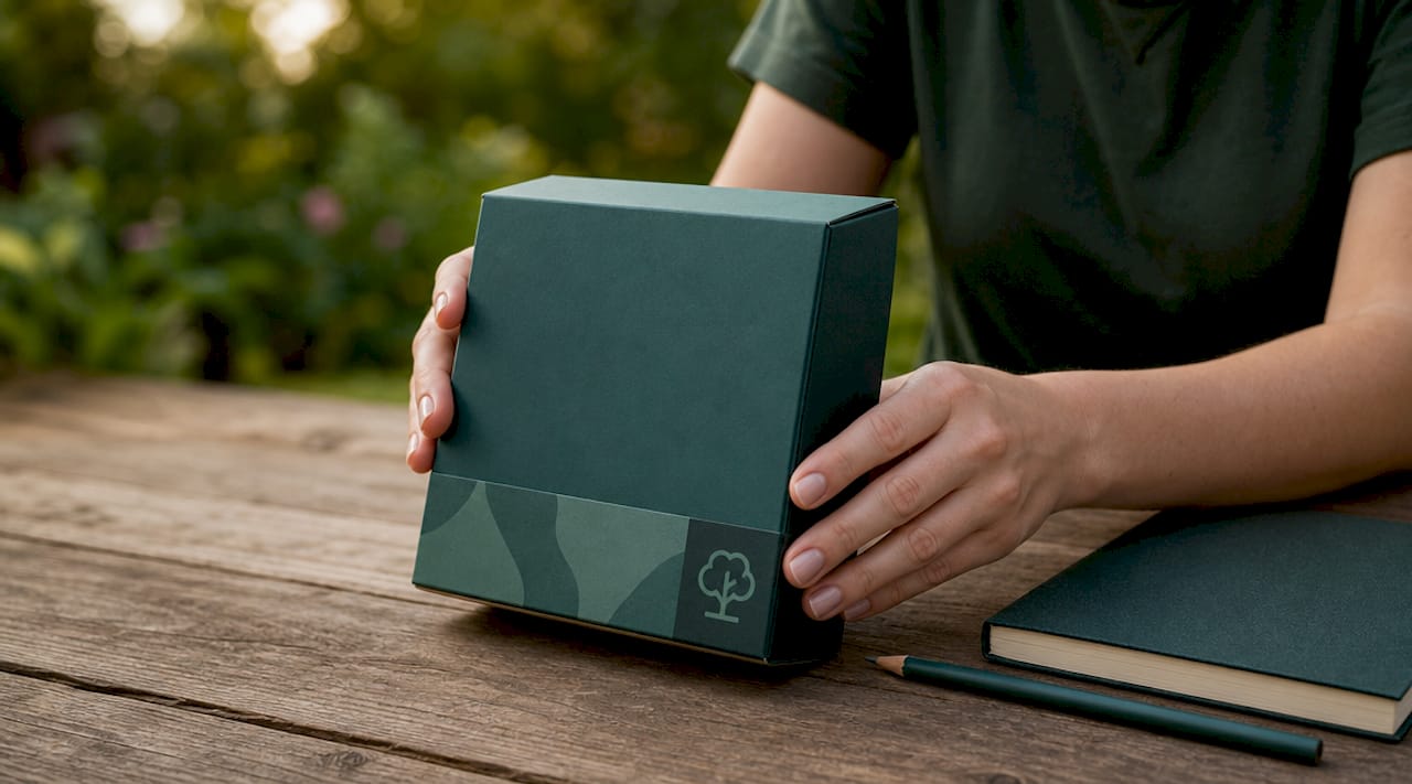 Hands holding FSC-certified packaging sample box