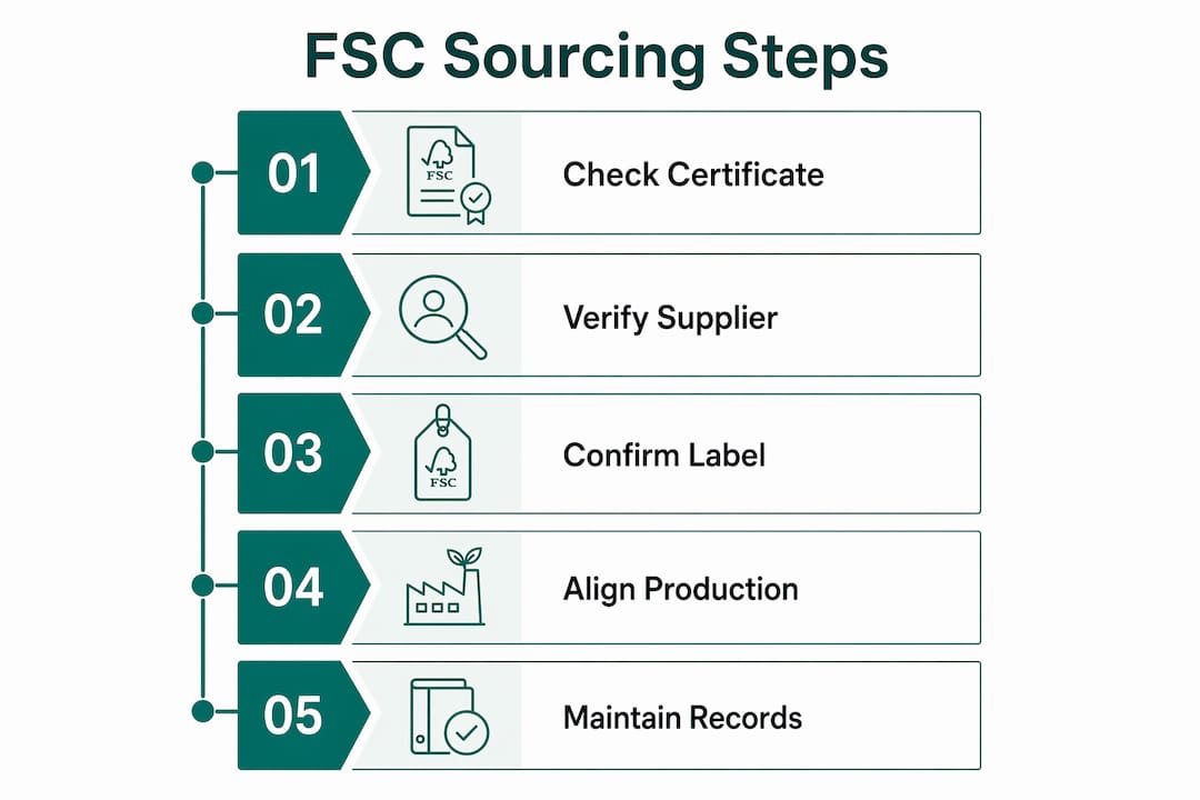 Infographic illustrating steps for sourcing FSC-certified packaging