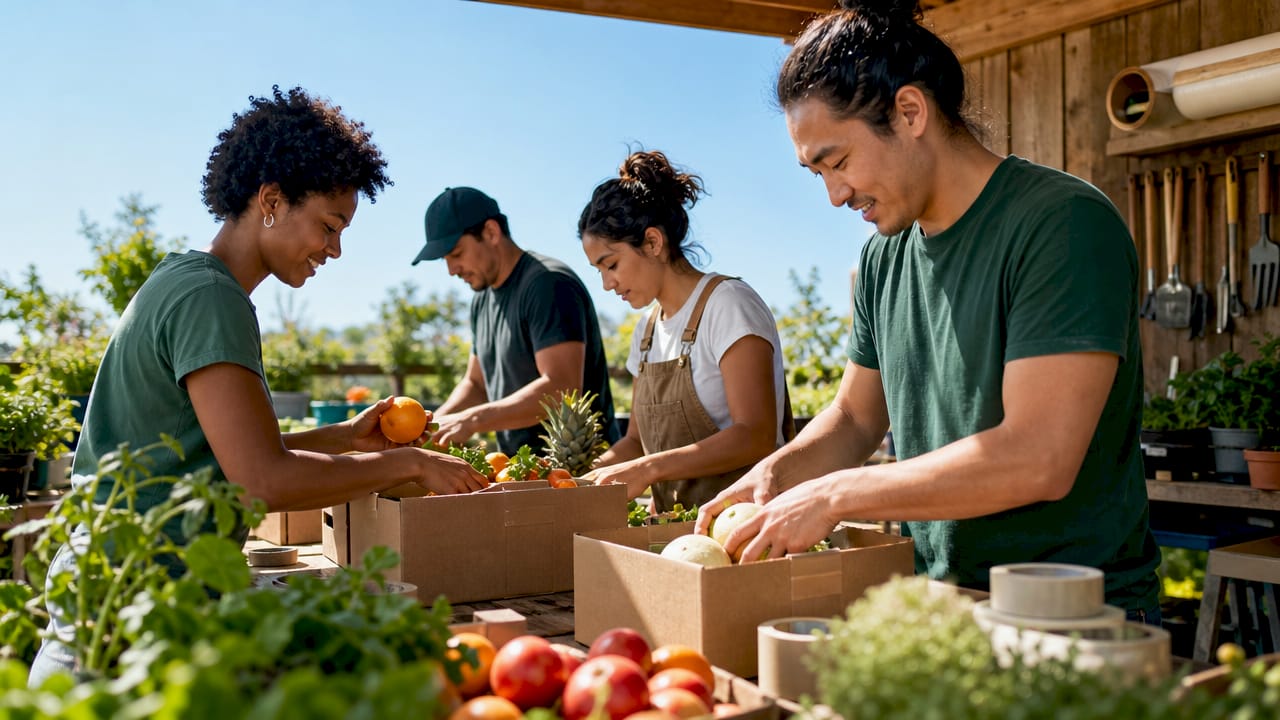 Hands packing fresh produce in warehouse