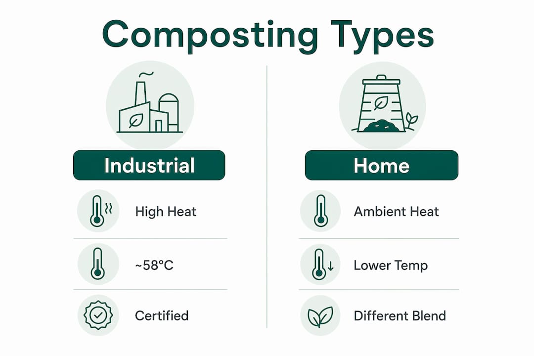 Infographic comparing industrial and home compostable bags