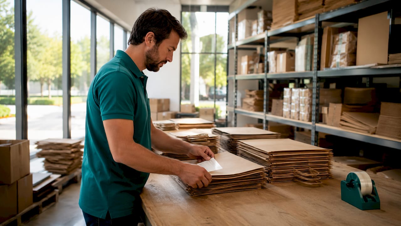Hands labeling and organizing paper bag inventory