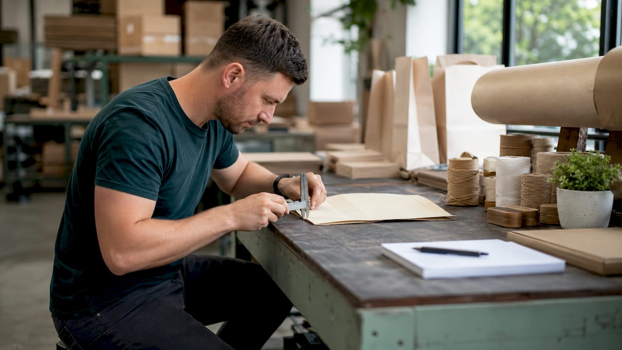 Caliper measuring gusset depth of paper bag