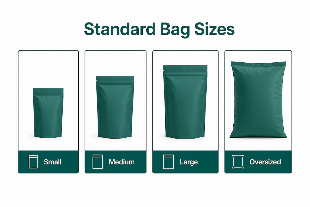Infographic showing standard bag size categories in vertical flow