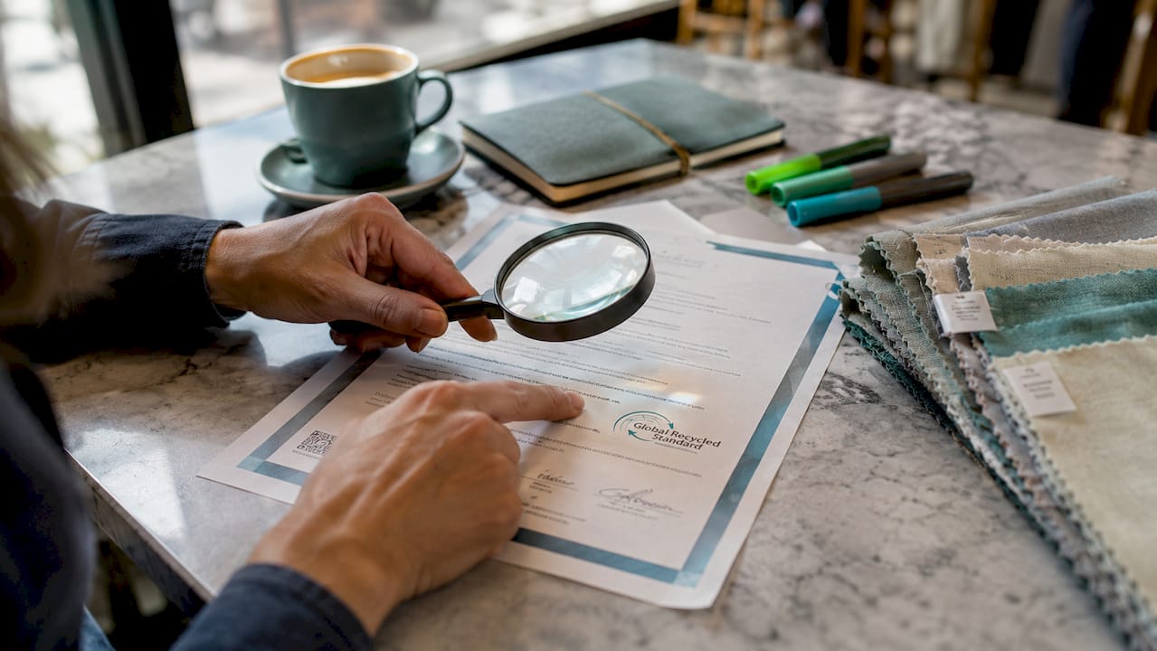 Hands inspecting GRS certification document