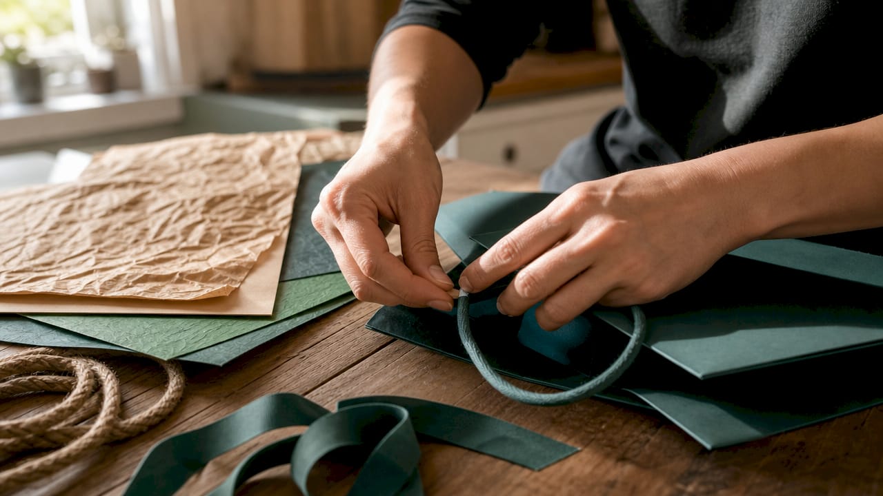 Hands assembling premium shopping bag materials