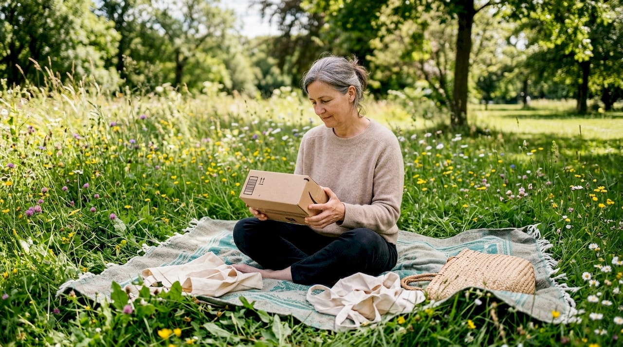 Hands holding eco-friendly minimal packaging outdoors