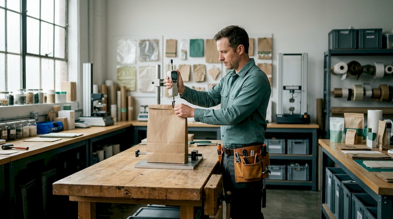 Hands testing paper bag strength with force gauge