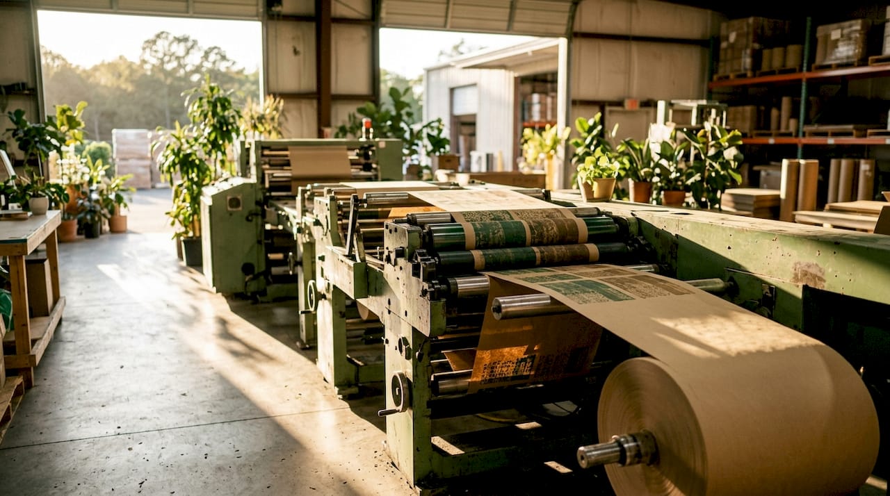 Industrial printing machine applying soy-based ink on kraft paper