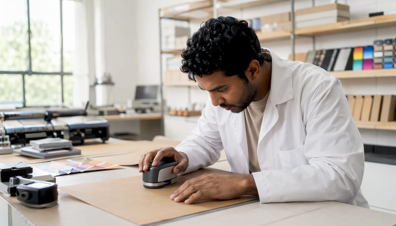 Technician measuring color on paper bag with spectrophotometer