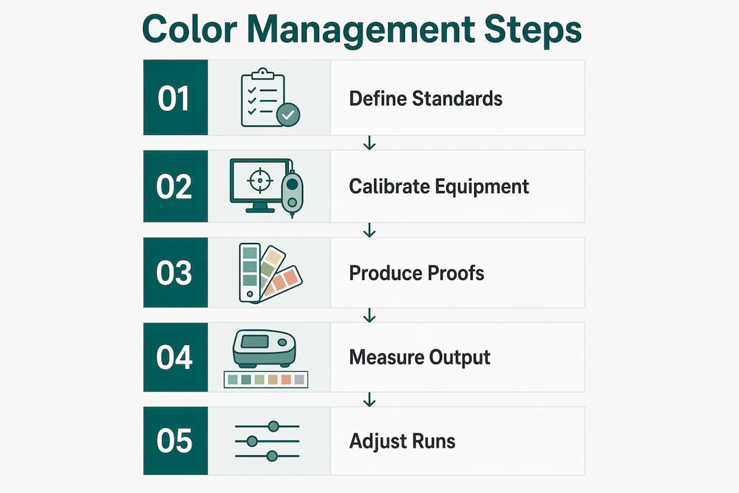 Infographic illustrating five key color management steps