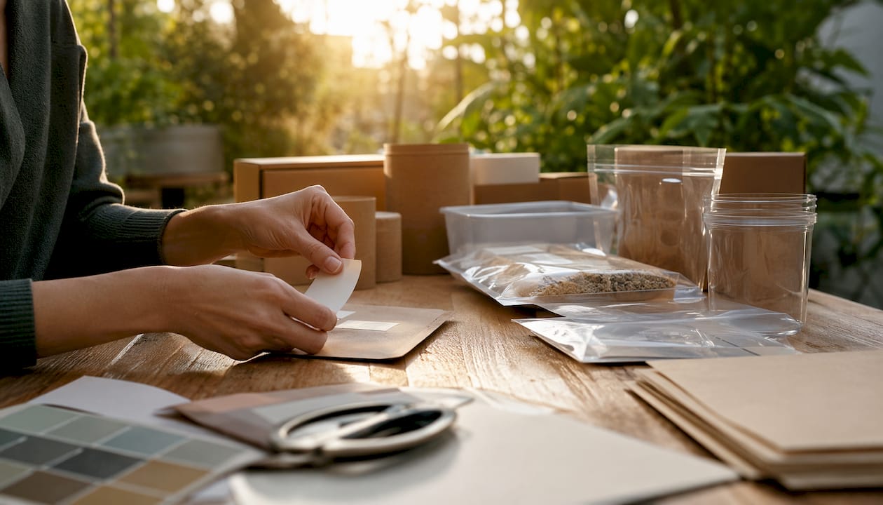 Hands labeling sustainable packaging prototypes
