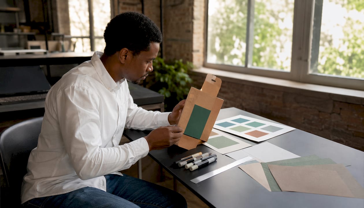 Designer reviewing bag artwork and mockup details