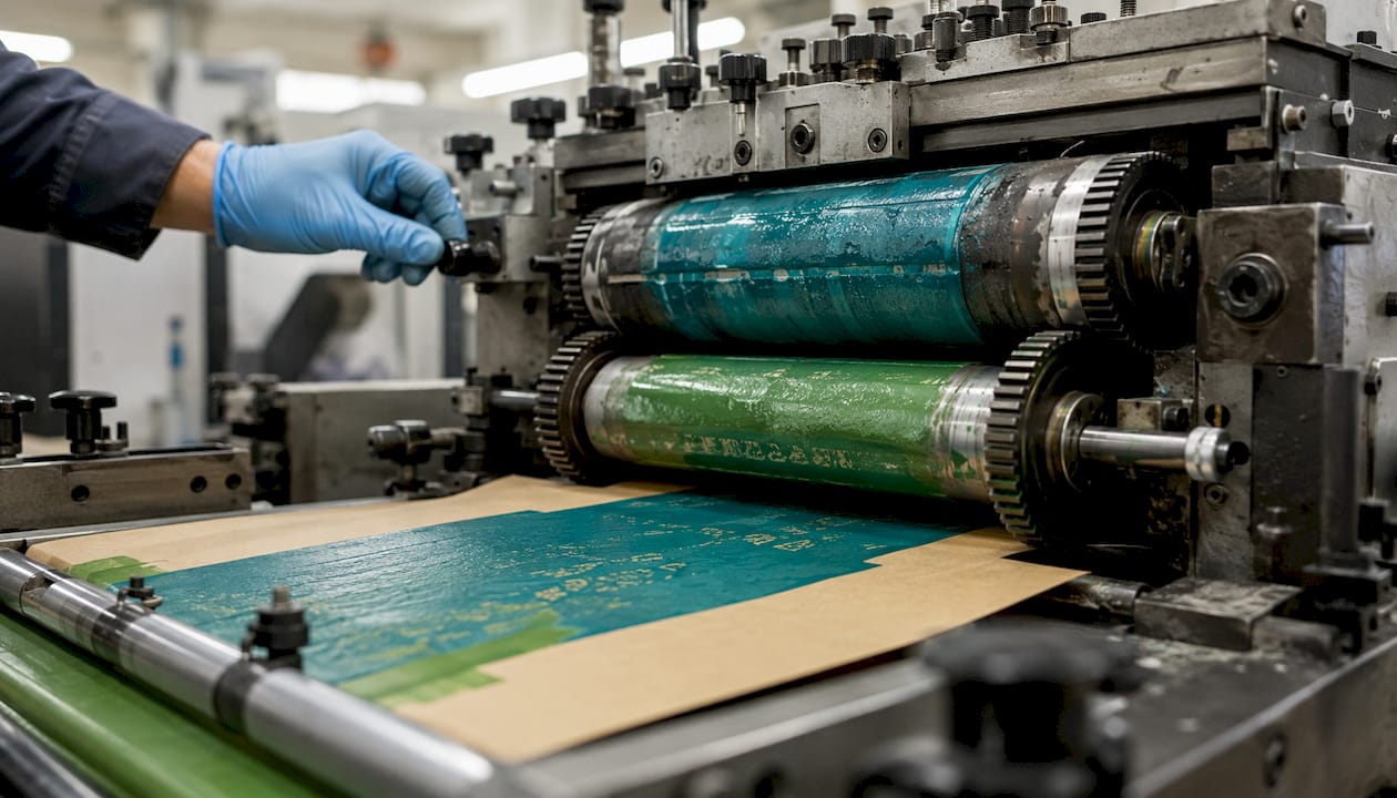 Close-up flexo press printing kraft paper bags