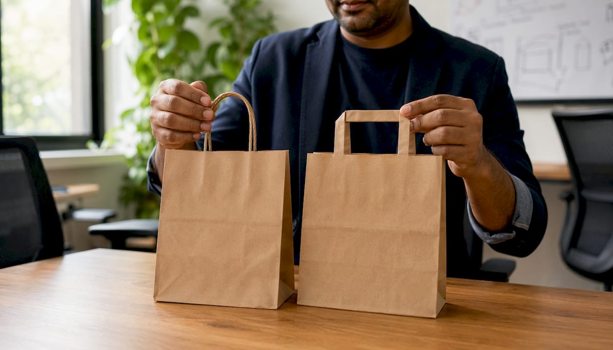 Close-up of hands comparing reusable bag handles