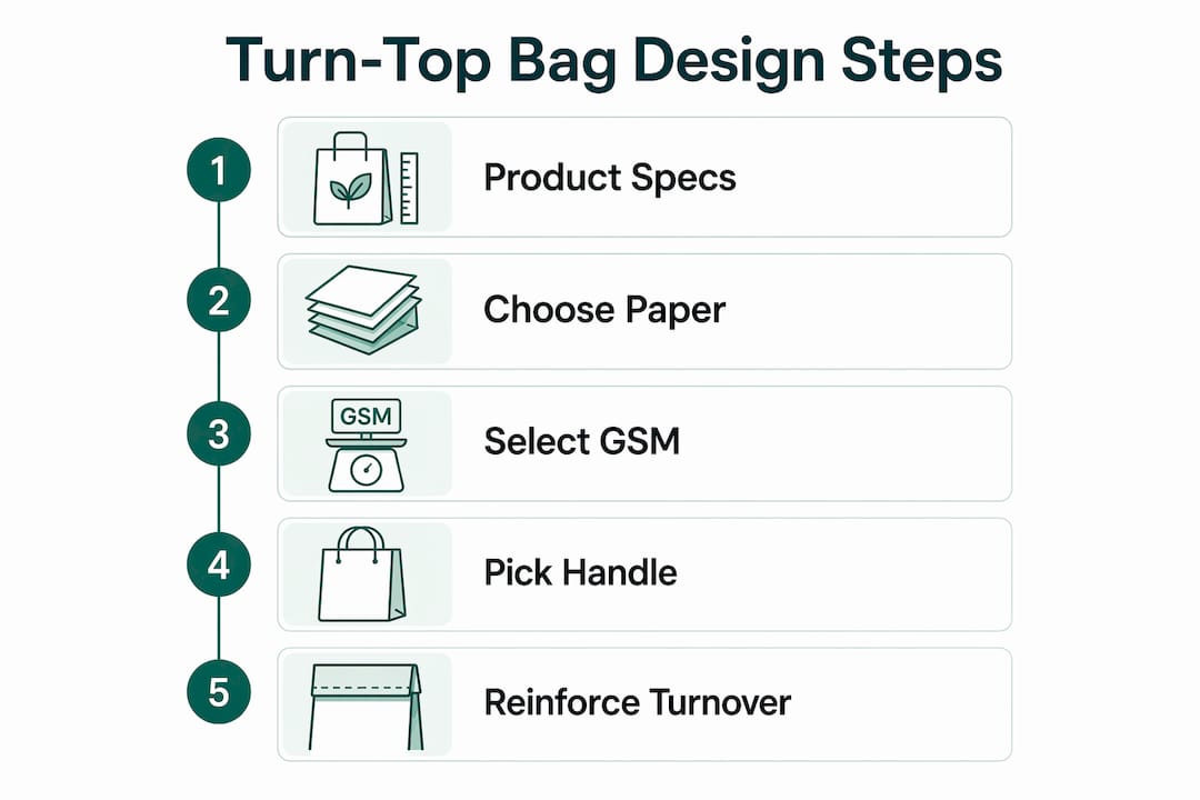 Vertical flow infographic showing turn-top bag design steps