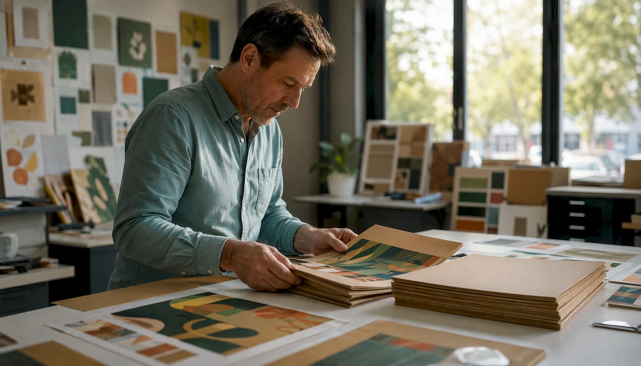 Hands examining kraft stock and flexo print samples