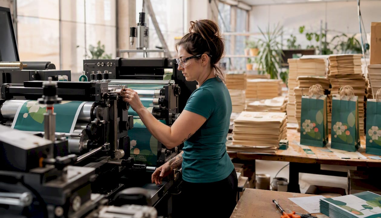 Printing press producing custom gusseted bags in factory