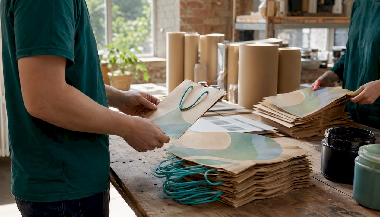 Overhead view of custom paper bag production