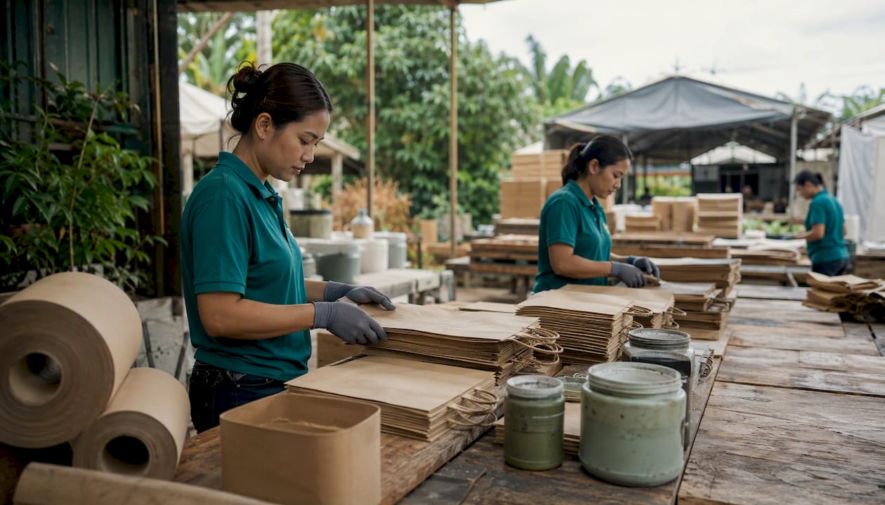 Factory workers handling custom printed paper bags