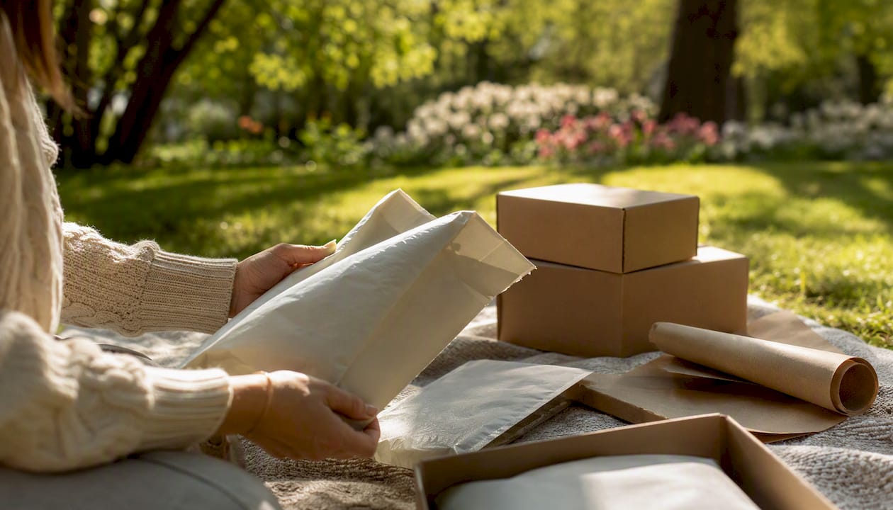 Hands inspecting compostable packaging mailers