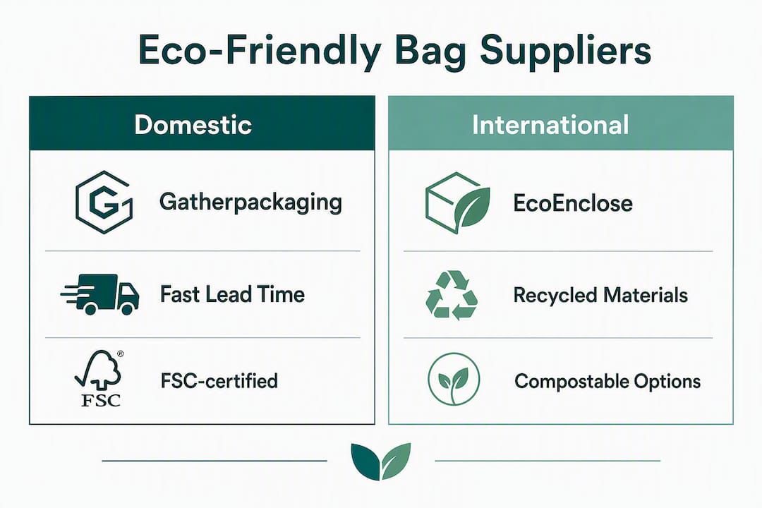 Infographic comparing domestic and international eco-friendly bag suppliers