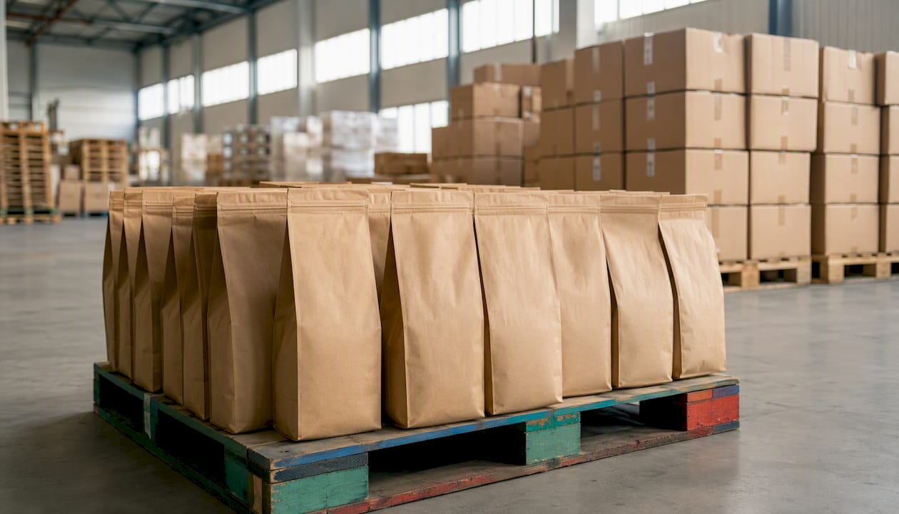 Kraft paper bags stored in warehouse cartons