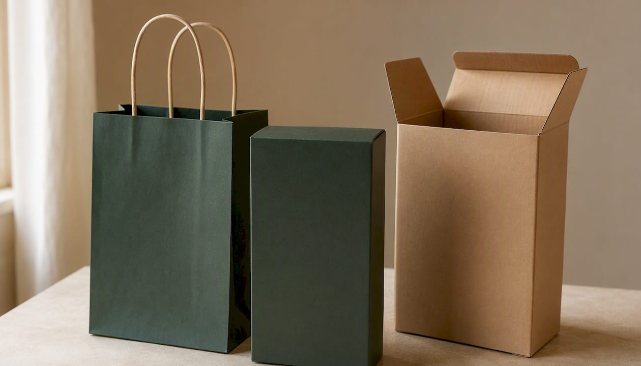 Close-up of bag handles and carton edges