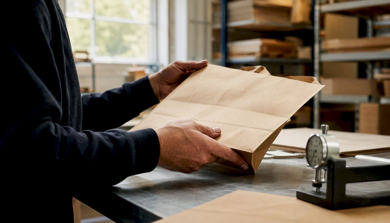 Hands inspecting kraft paper bag prototype