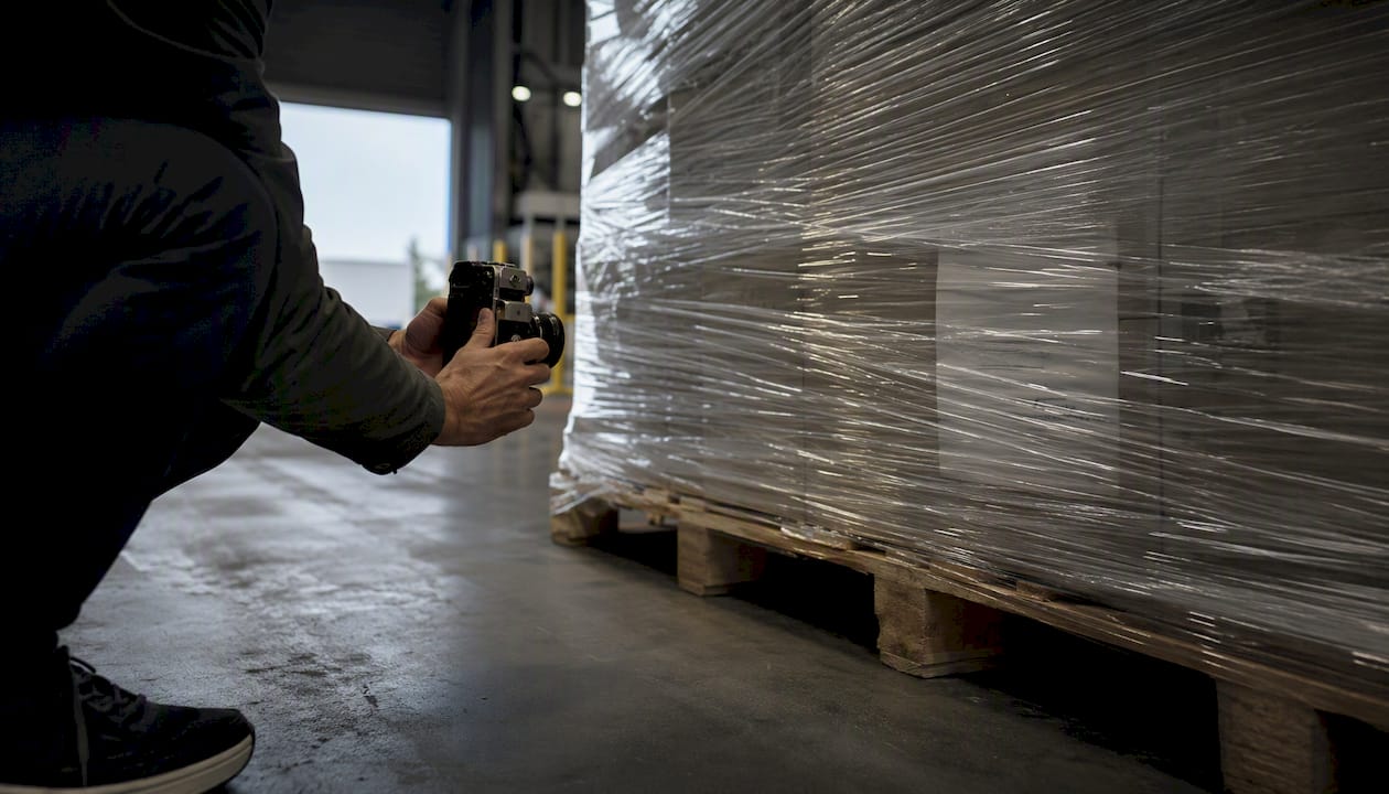 Hands photographing wrapped pallet for quality assurance