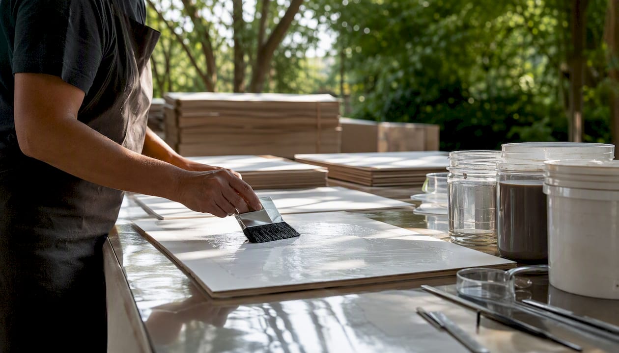 Hands applying matte film lamination to paper sheets