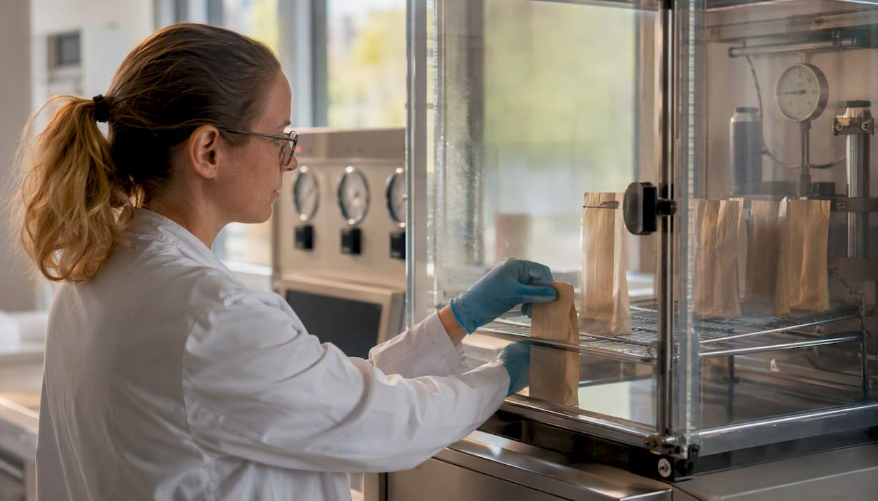 Scientist placing paper bag in humidity test chamber