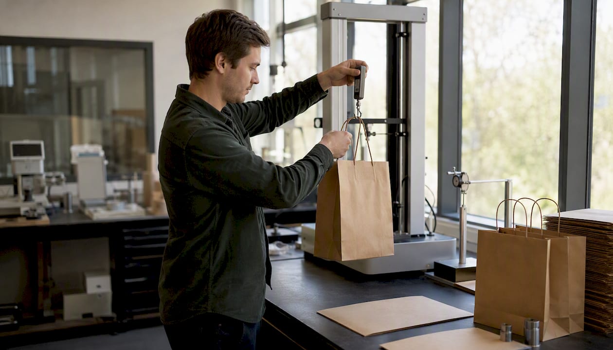 Hands pulling kraft paper bag handle in strength test