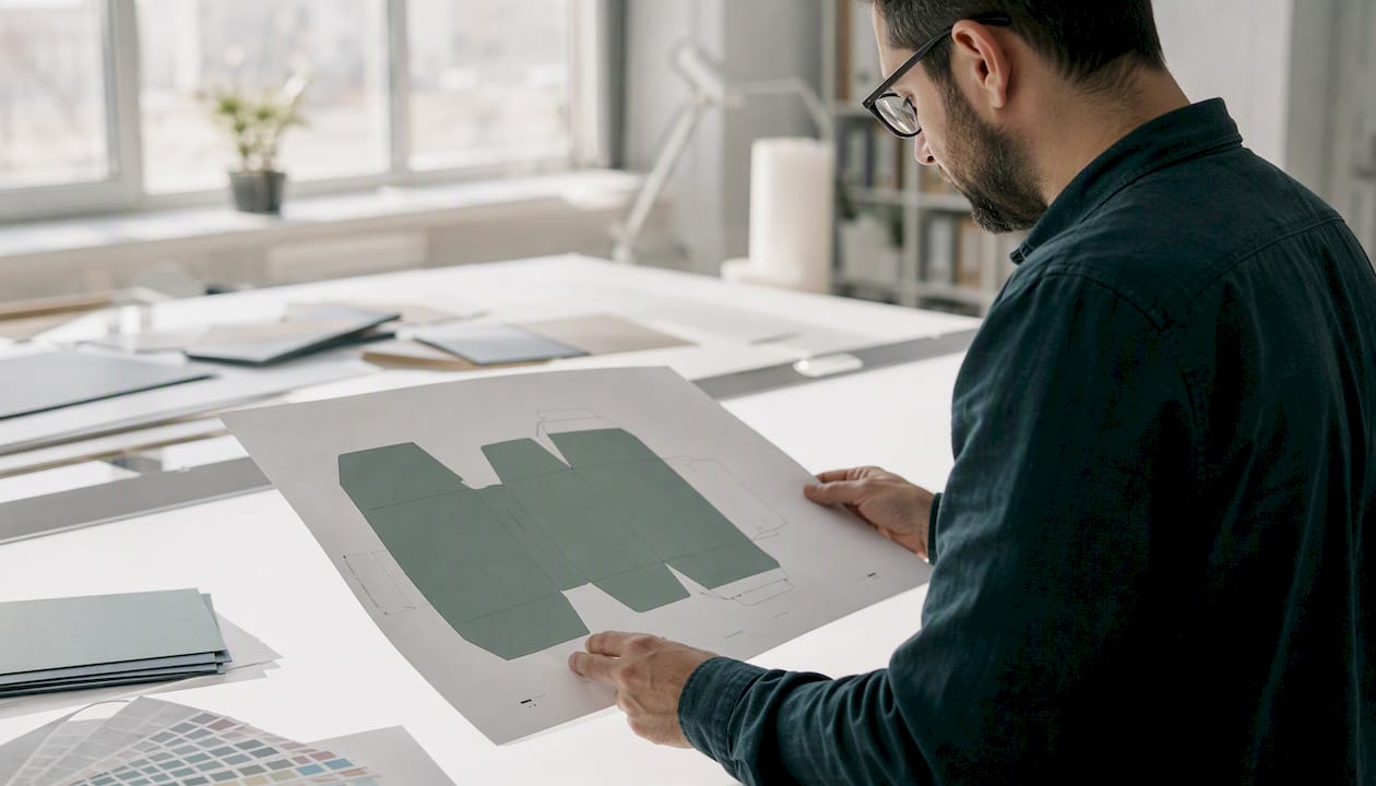 Hands inspecting dieline artwork on light table