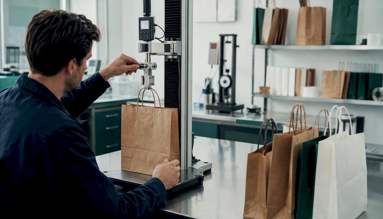 Hands performing handle pull test on paper bag sample
