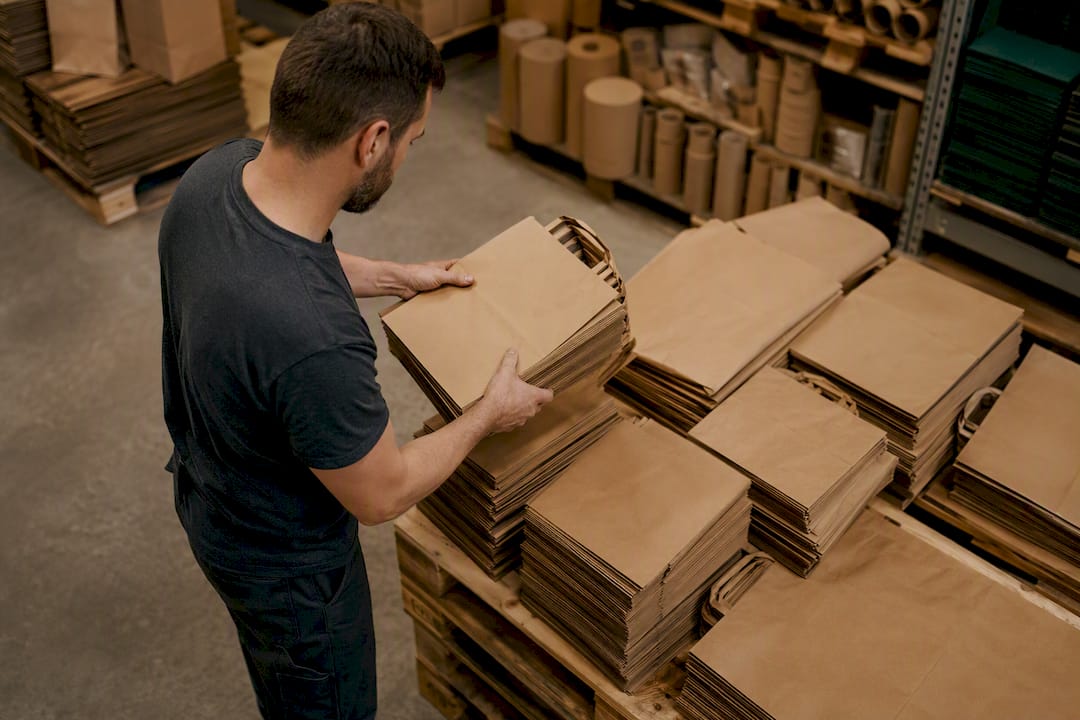Worker stacking paper bags on pallet