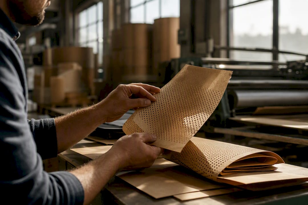 Hands testing perforated paper bag prototype