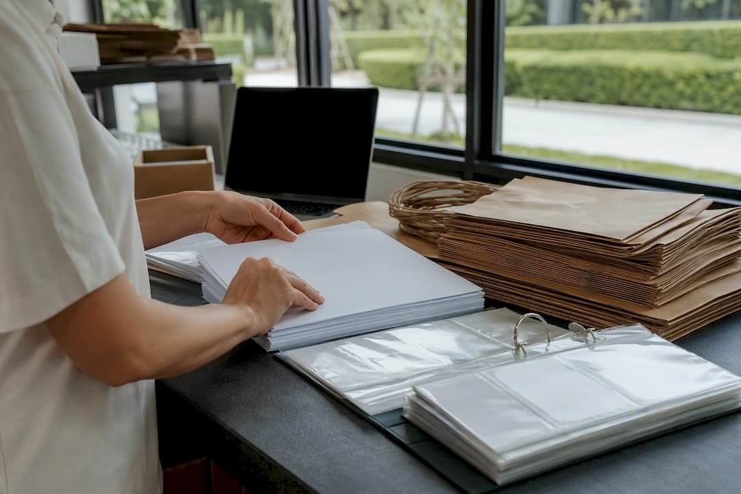 Hands auditing FSC certificates next to paper bag batch