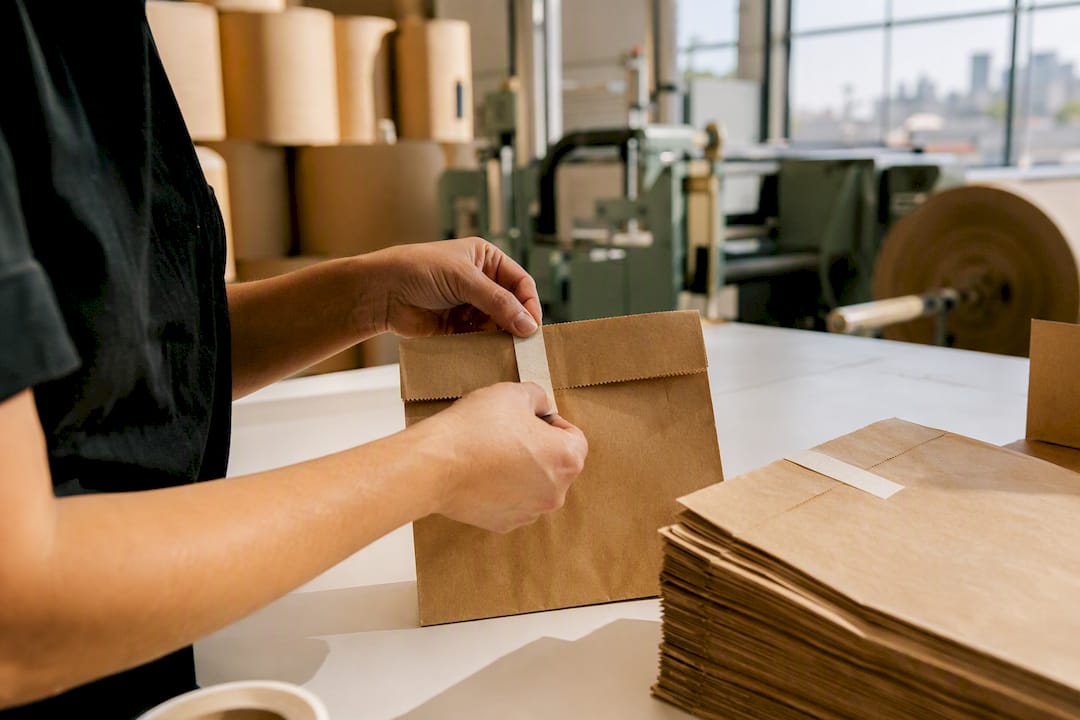 Technician applying tamper-evident seal on paper bag