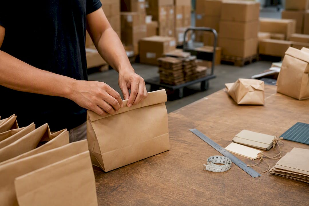 Hands packing products into paper bags of different sizes