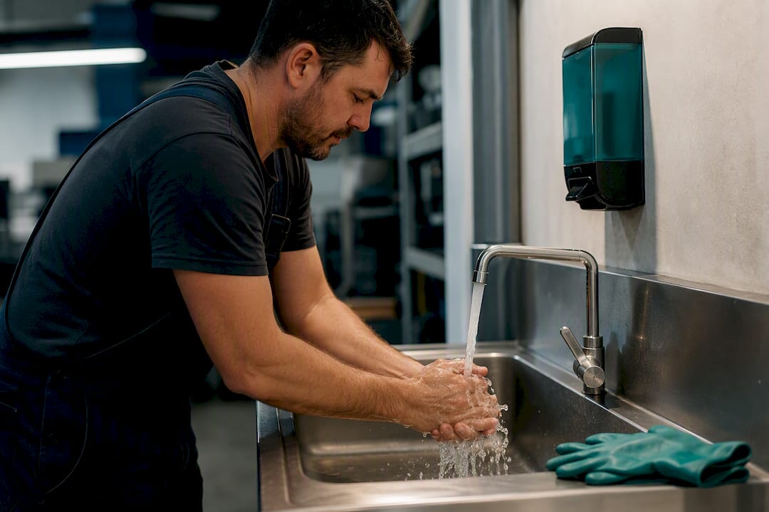 Operator washing hands after wet ink handling