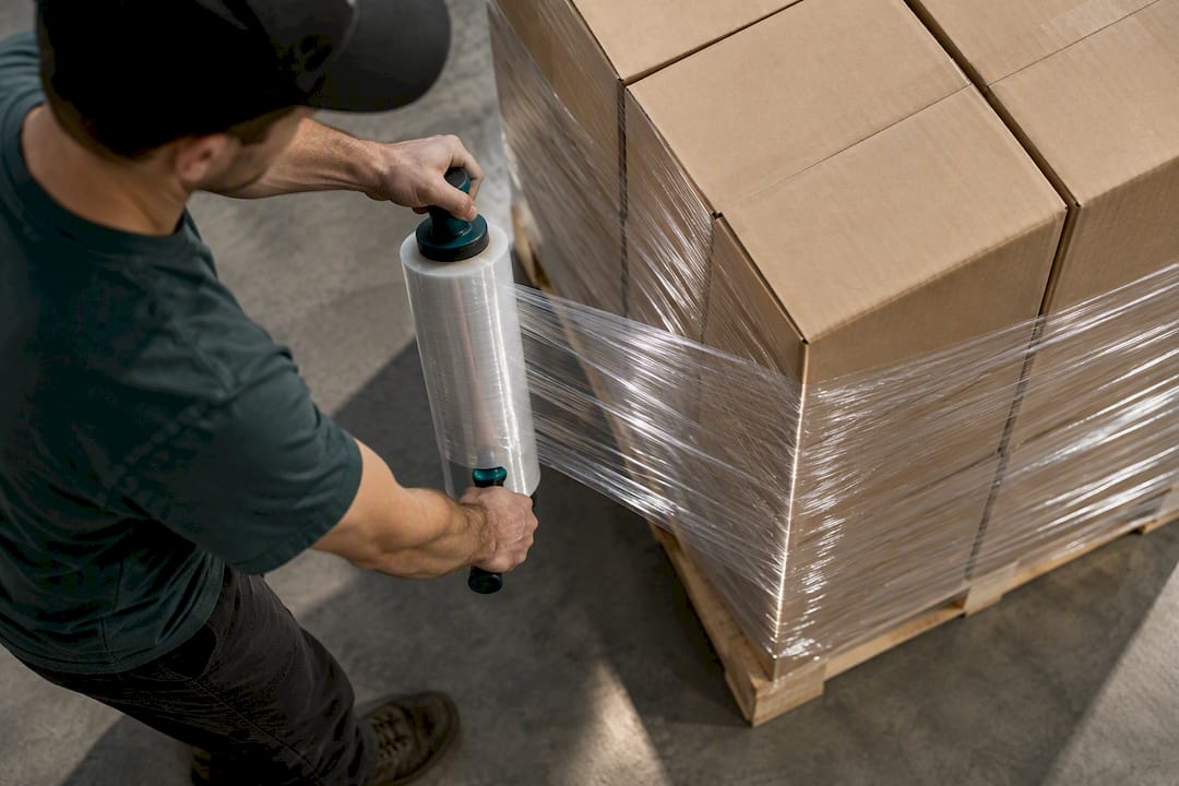 Worker tightening stretch wrap around pallet