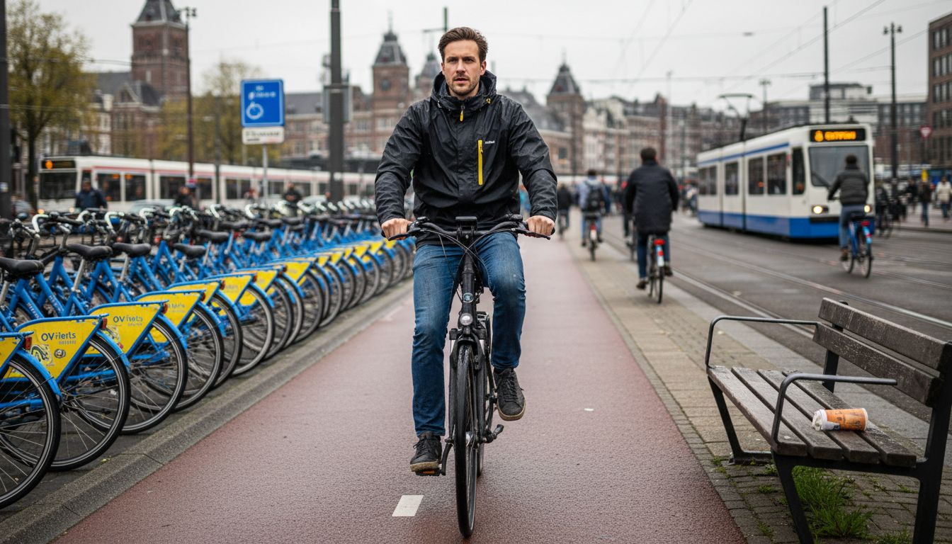 Jonge man die dagelijks met zijn e-bike door Amsterdam naar zijn werk fietst.