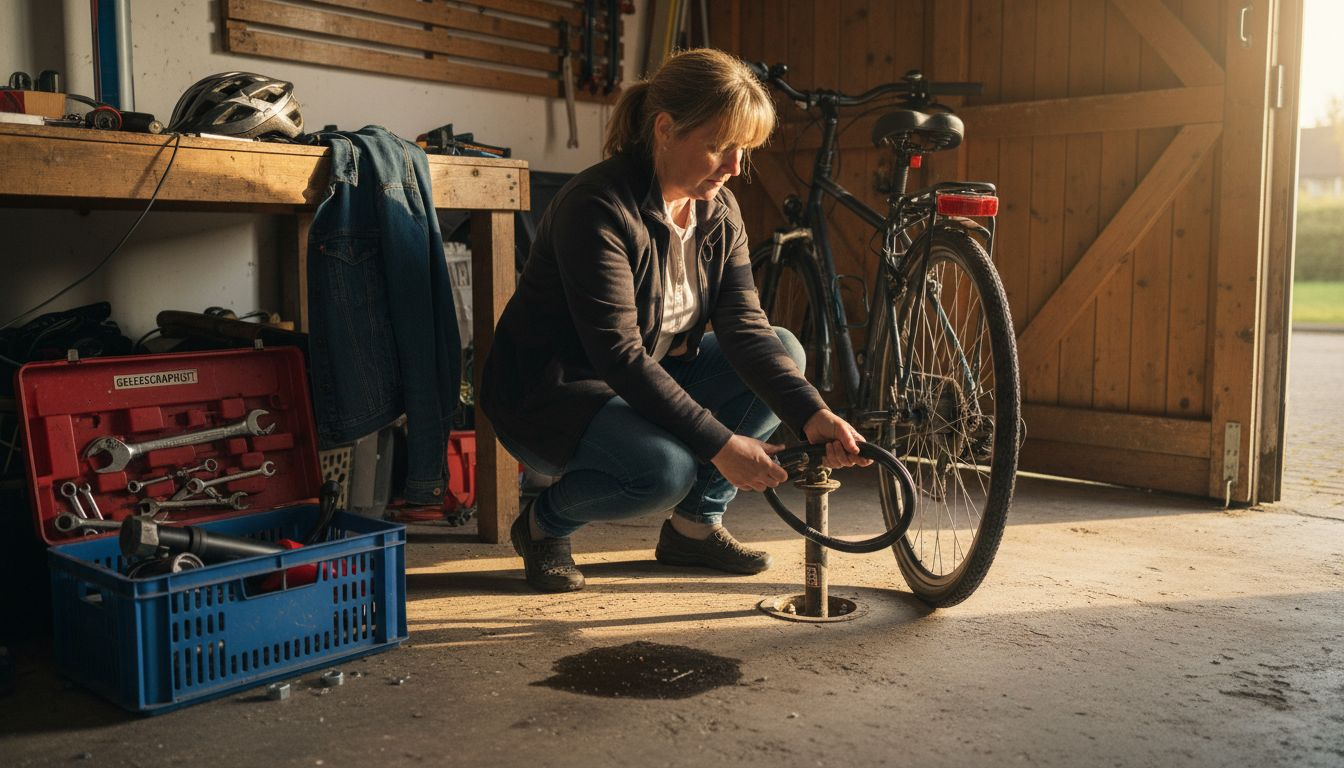 Een vrouw zet haar e-bike vast aan een muuranker in de garage.