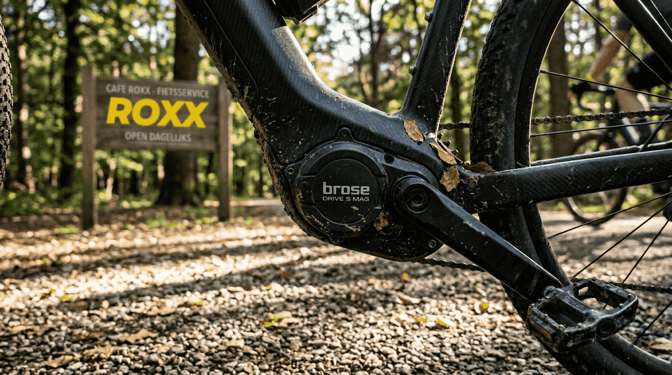 Detailopname van de Brose e-bike motor in de buitenlucht