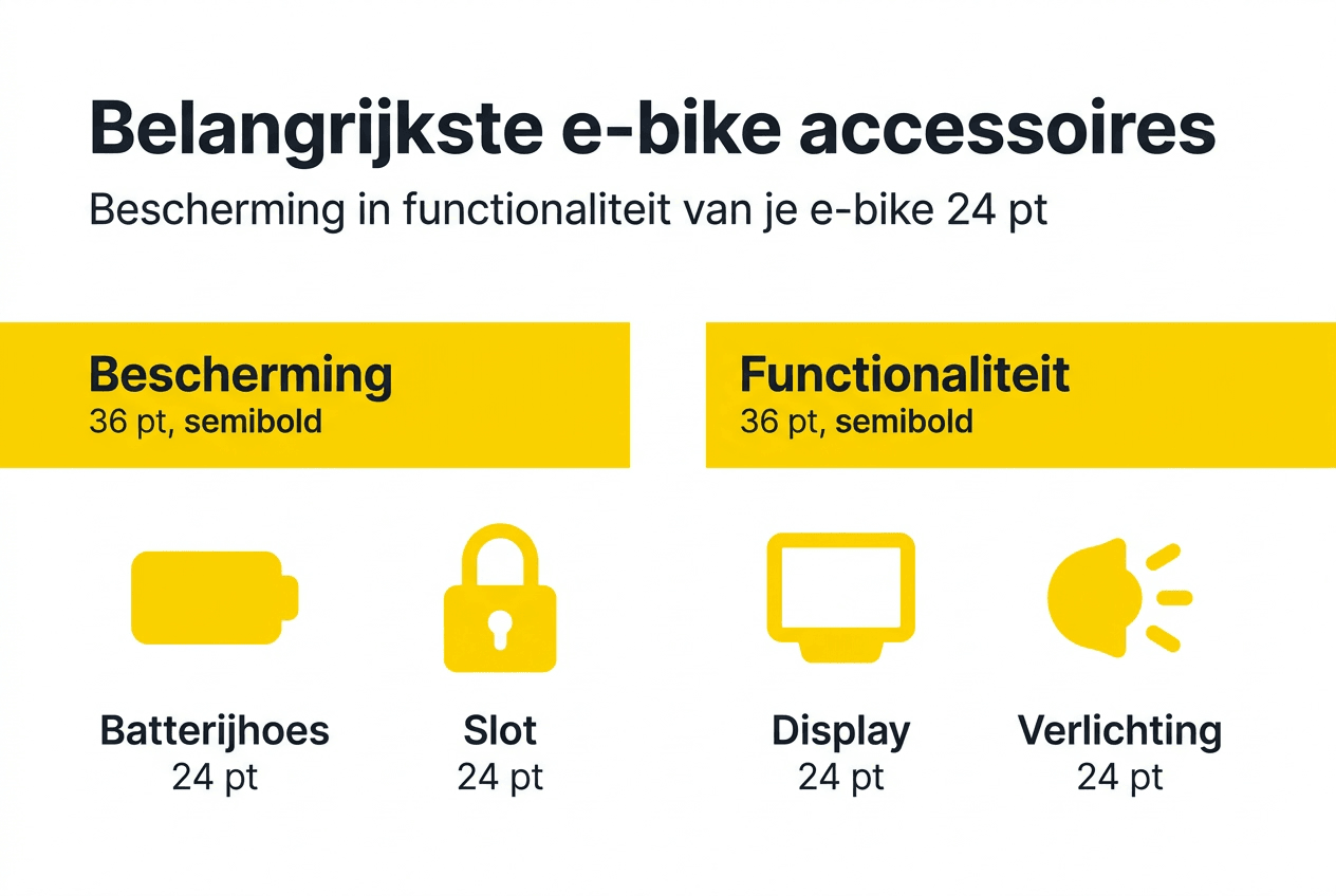 Overzichtelijke infographic waarin e-bike accessoires handig zijn onderverdeeld in twee categorieën.