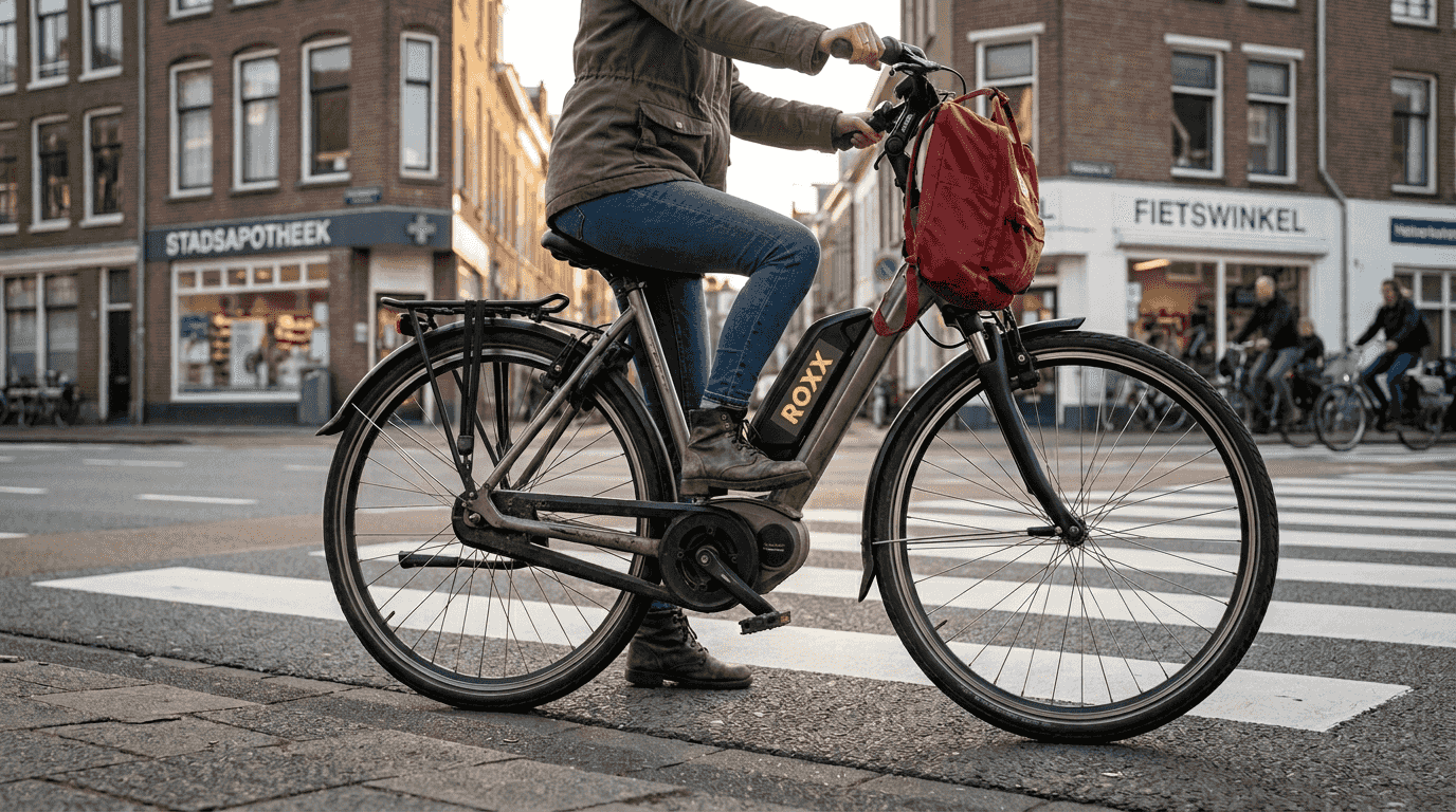 Een vrouw probeert haar e-bike in evenwicht te houden terwijl ze bij het zebrapad staat.