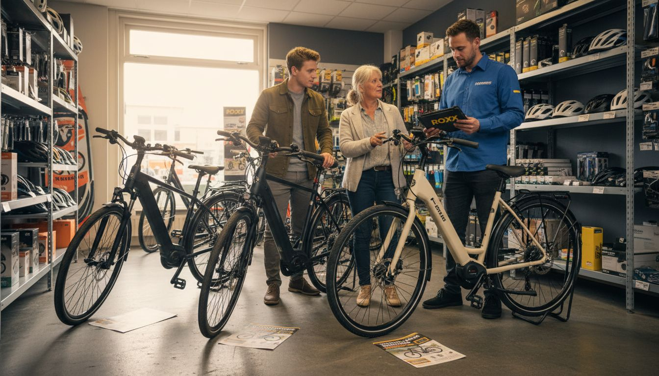 In de fietsenzaak bekijken mensen verschillende e-bikes en vergelijken ze de modellen met elkaar.