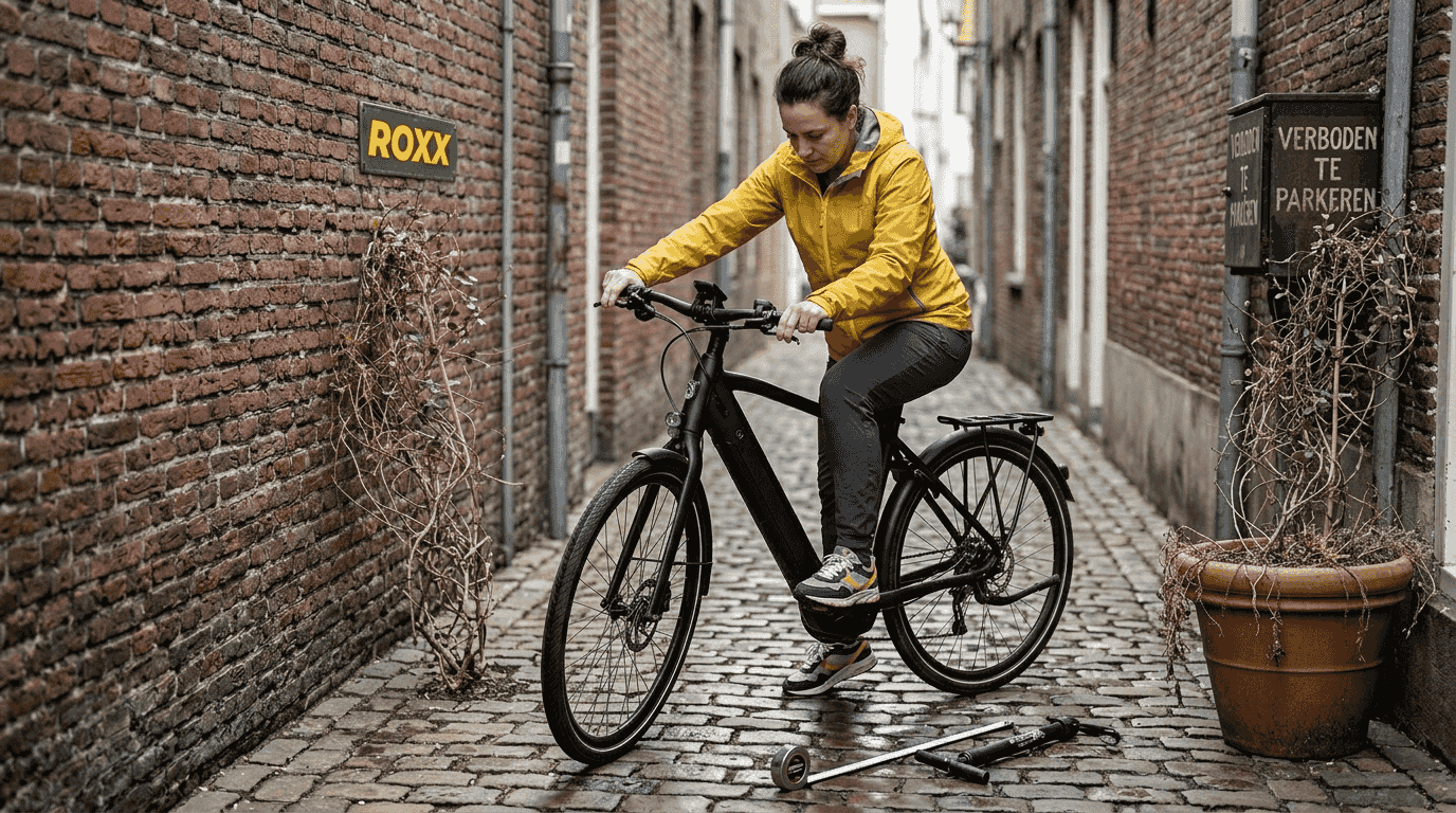 Vrouw stelt het zadel van haar e-bike goed af