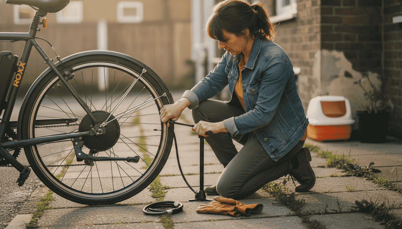 Een vrouw is bezig de band van haar e-bike op te pompen.